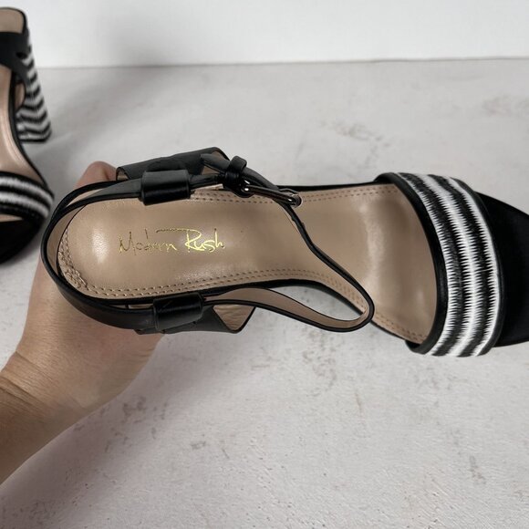 MODERN RUSH Black/White Striped Block Heel Ankle Strap Heels Sz 9 - Picture 7 of 8